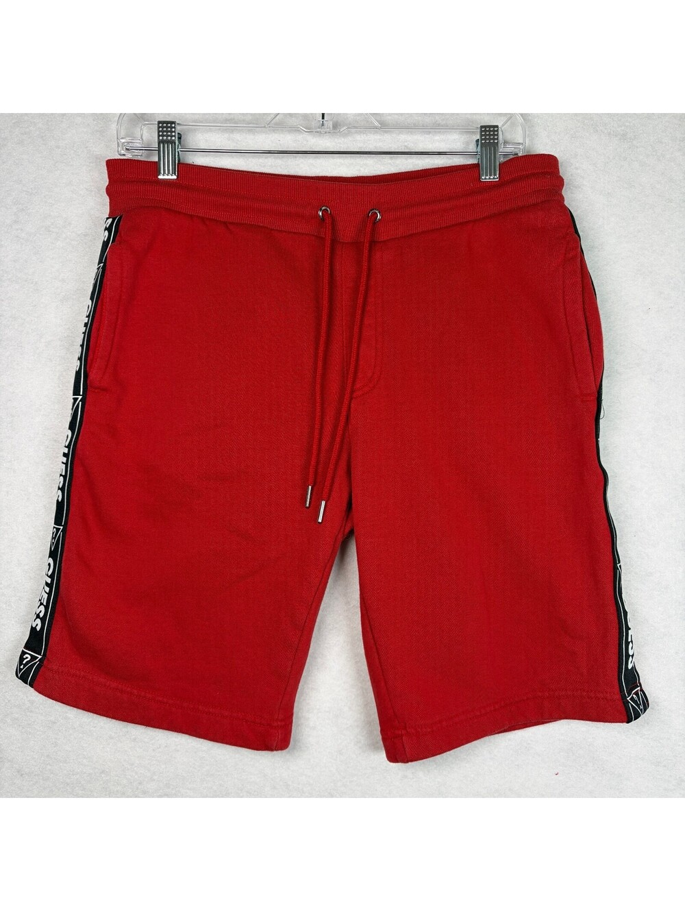 Guess Men's Red Athletic Shorts with Logo Side Stripes, Size M